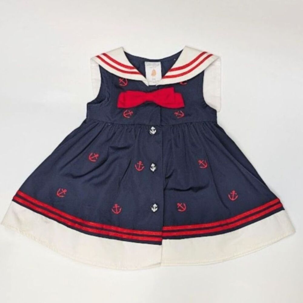 Baby Girl Nautical Sailor Dress 9M Navy Blue Anchor Embroidery Detail
